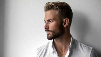 Obraz premium Handsomeness of young caucasian male with stylish hair profile in white shirt.