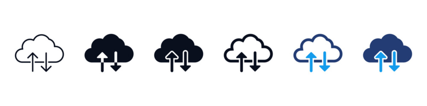 Cloud computing icon set. Cloud upload and download icon arrows symbol representing data transfer, cloud storage, network synchronization, syncing and online backup in outline and glyph styles.
