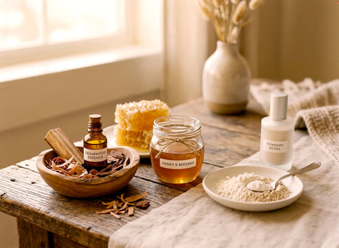 Natural wellness still life featuring cedarwood essence, honey and beeswax on a rustic wooden table, illuminated by soft window light for organic spa and aromatherapy concepts.
