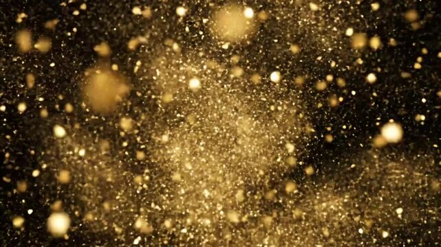 Abstract golden glitter particles explode and spread on a black background, a festive and magical display.