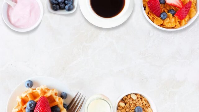 Breakfast food double border. Stop motion placement on a bright stone background with copy space. Fruits, cereal, waffles, yogurt, coffee and milk.