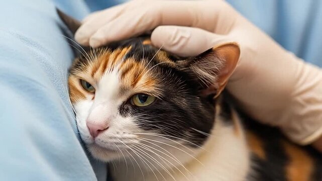 Veterinarian examining a calico cat's head with gloved hand.