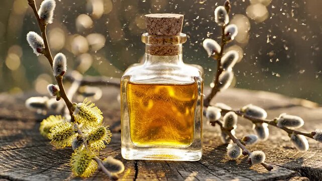 Bottle with golden liquid and pussy willow branches on wood