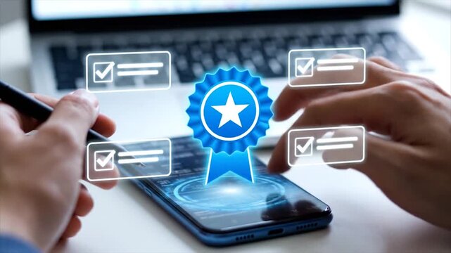 Hand holding smartphone with digital cloud security shield icon and checkmarks on laptop screen