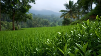 Obraz premium Lush green tea plantation in the foreground with rice paddies stretching towards misty mountains under a soft overcast sky