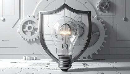Lightbulb idea protected by industrial gears in blueprint design concept