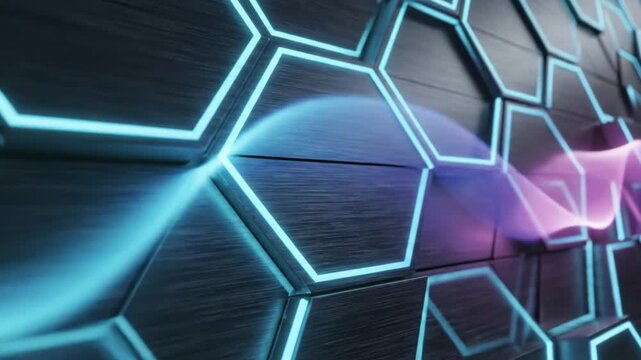 Futuristic abstract hexagon tile background animation with energy wave flowing through the digital surface and glowing blue lines