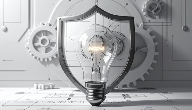 Lightbulb idea protected by industrial gears in blueprint design concept
