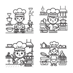 Fototapeta premium Little kid chef cooking tasty food in kitchen wearing chef hat fun coloring page