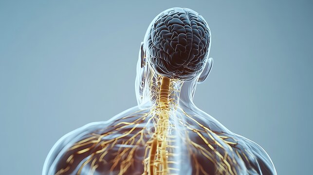 Human nervous system anatomy illustration showing brain and spinal cord with nerves in a transparent body model from the back view on a gray background