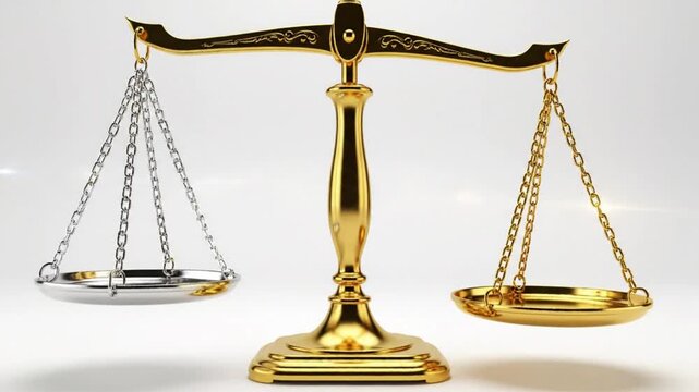 Symbol of justice with gold and silver balance scales tilting to the side on a white background