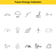 Fototapeta premium Future energy icon set illustrates sustainable technology including electric vehicles, solar panels, wind turbines, and battery storage for environmental solutions.