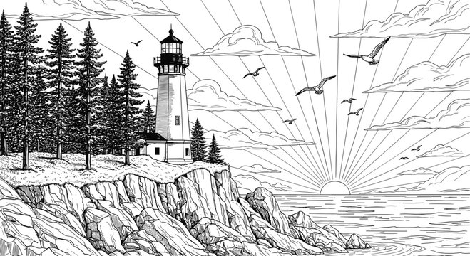 Black and White Vintage Woodcut Style Illustration of a Coastal Lighthouse on a Rocky Cliff with Pine Trees at Ocean Sunrise