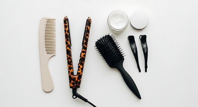 Hair styling tools and accessories on white background