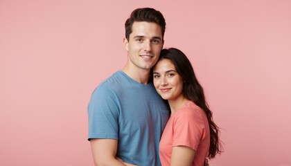 Fototapeta premium Portrait of a happy young couple posing against a pink background. Man in blue t-shirt and woman in coral shirt leaning together. Love and relationship concept