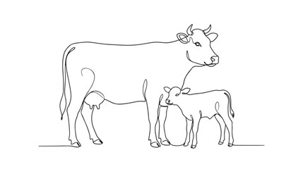 Obraz premium Elegant continuous line art illustration of a mother cow and her calf, symbolizing nurturing bonds, farm life, and livestock in a minimalist vector style
