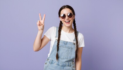 Naklejka premium Cheerful young woman with braids and sunglasses making peace sign. Girl in denim overalls posing against purple background. Fun and positive lifestyle portrait