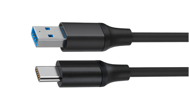 Close up of modern USB A and USB C data transfer charging cable connectors with studio lighting isolated on transparent 