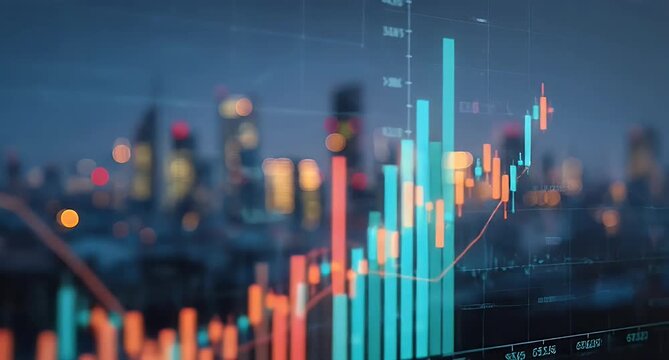 Futuristic financial graph overlayed on a blurred city skyline at night