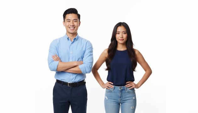 Confident young Asian man and woman standing together. Smiling male with arms crossed and female with hands on hips. Professional couple isolated on white background