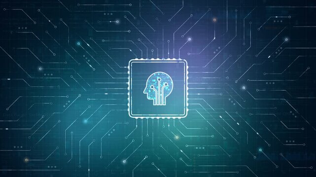 Artificial intelligence human head icon inside microchip with glowing circuit connections, digital brain technology concept representing machine learning and cognitive computing innovation.