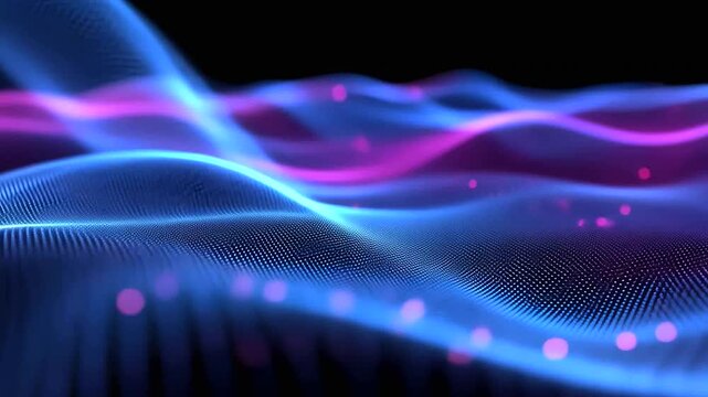 Vibrant digital wave pattern with neon colors on dark background.