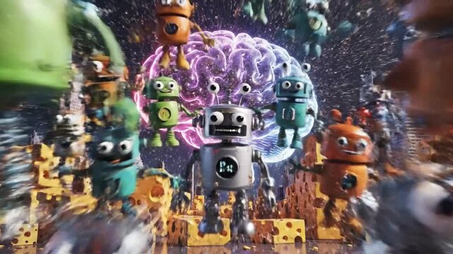 Surreal Brain Cityscape - A Neon-Lit Brain Above Cheese Buildings.