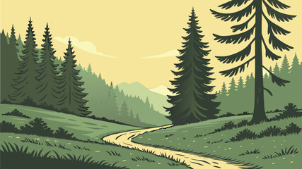Flat Design Vector Illustration of Forest Landscapes with Trees and Misty Background © SABIHA