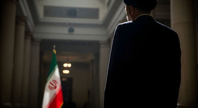 Geopolitics, power, diplomacy. Silhouette of an Iranian official looking down a grand corridor towards the illuminated flag of Iran, illustrating Middle Eastern politics and state strategy.