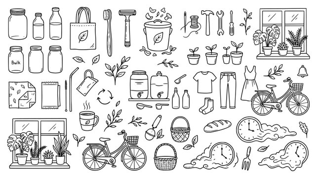 Hand drawn eco friendly lifestyle doodles with reusable items plants bicycles and sustainable home products