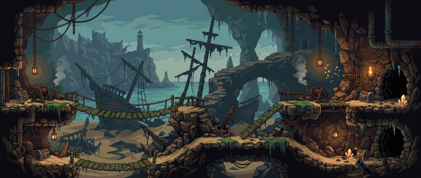 Plunderer Crashed Pirate Haven - Pixel Art Platformer Background, Retro 16-Bit Metroidvania Brawl Side-Scroller Level, Horizontal Arcade Game Asset 90s Style