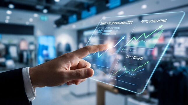 Close-up of a hand interacting with a transparent digital display showing predictive analytics graphs in a retail environment