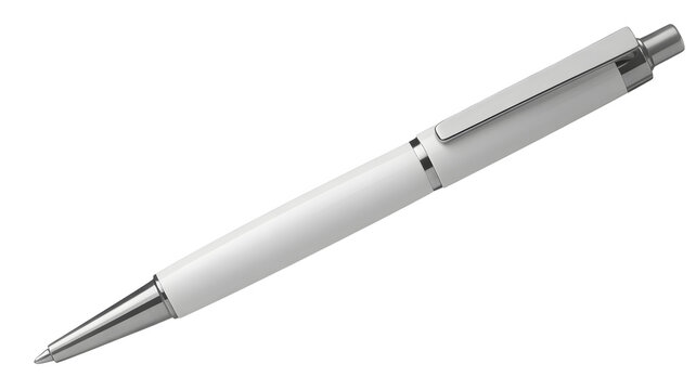 A sleek modern white ballpoint pen with polished silver metallic accents on its tip and clip captured in a professional 