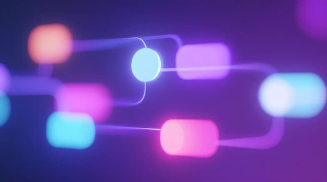 Futuristic glowing interface with interconnected nodes and vibrant colors, showcasing a seamless flow of digital elements in a clean, modern design environment