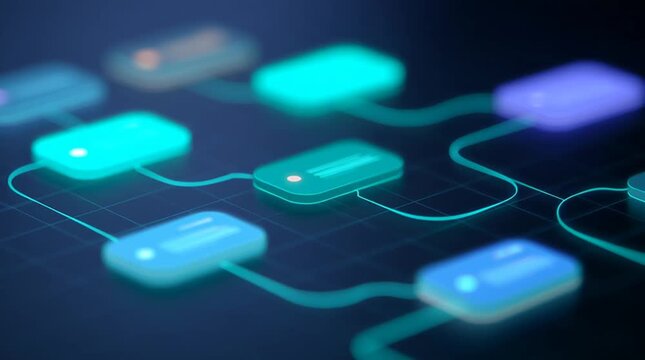 Glowing interface of interconnected nodes in a digital workflow, showcasing a minimal AI design with vibrant colors and a grid background for enhanced visibility and clarity