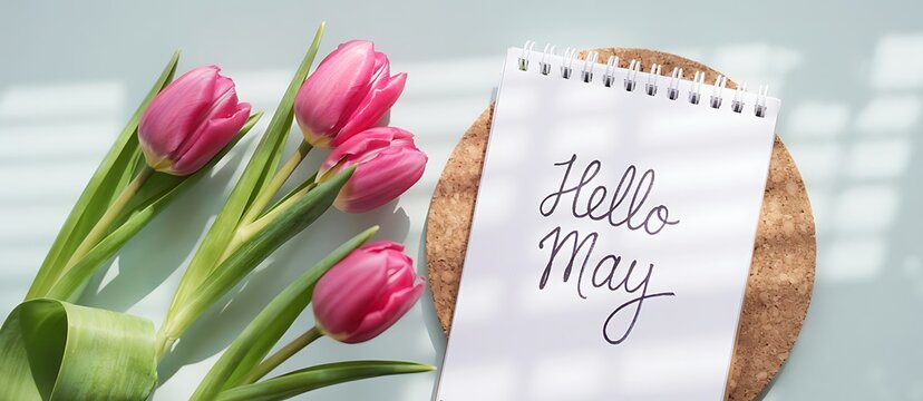 Spring tulips and notebook with hello may text invitation to enjoy beautiful month fresh flowers greeting card and floral decor festive spring beginning welcome May concept bright petals soft light