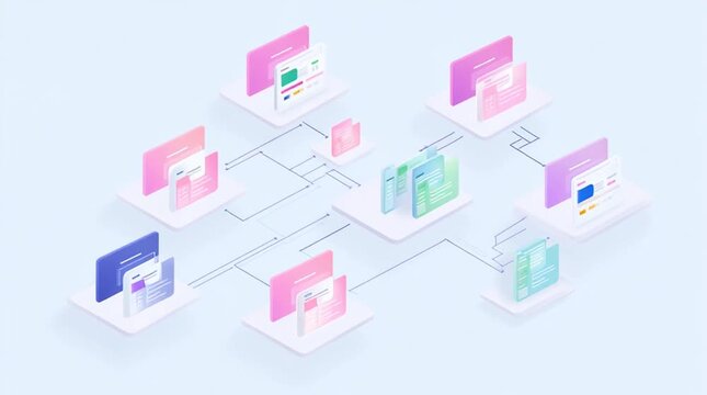 Digital workspace with multiple AI agents collaborating on various tasks, showcasing interconnected screens and vibrant color schemes in a modern design environment