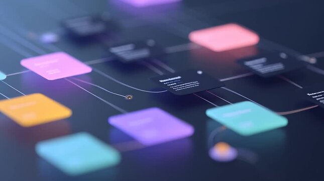 Digital workflow map illustrating autonomous AI agents with colorful nodes and connecting lines, showcasing a structured process in a modern design environment