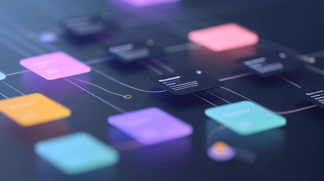 Digital workflow map illustrating autonomous AI agents with colorful nodes and connecting lines, showcasing a complex network of interactions and processes in a modern design