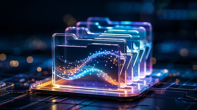 Digital data organized in transparent futuristic folders on glowing platform abstract technological concept for data management and storage innovation glowing waves and futuristic lines