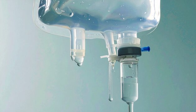 Medical saline IV drip close-up with fluid bag and tubing in sterile environment