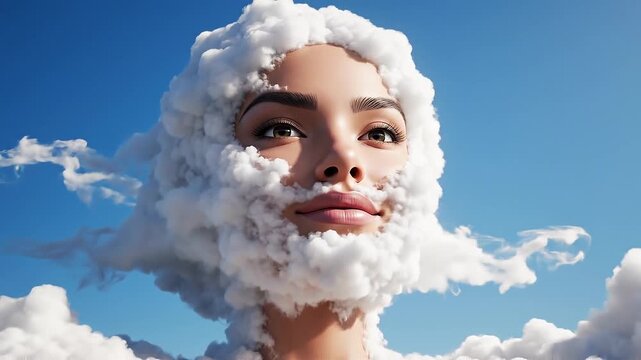 Surreal Cloud Woman Face Emerging from Sky.