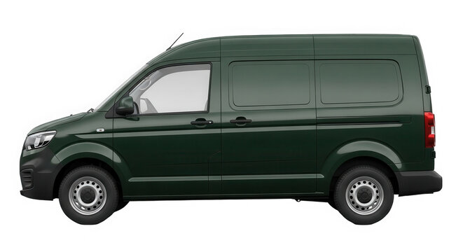 A dark green van with a boxy body isolated on transparent background