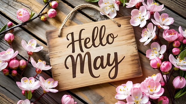 Hello may wooden sign with text surrounded by pink cherry blossom flowers and petals
