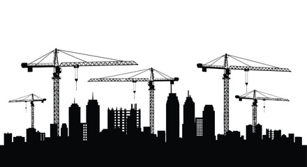 A striking black and white silhouette depicts multiple construction cranes rising above a dense urban cityscape skyline high quality professional detailed © Pvect02