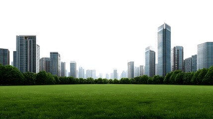 Obraz premium A panoramic view of a modern city skyline rising behind a lush green meadow under a bright sky