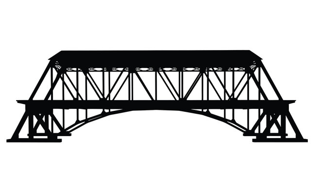 A stark black silhouette depicts a classic wooden covered bridge with intricate truss work and arched supports high quality