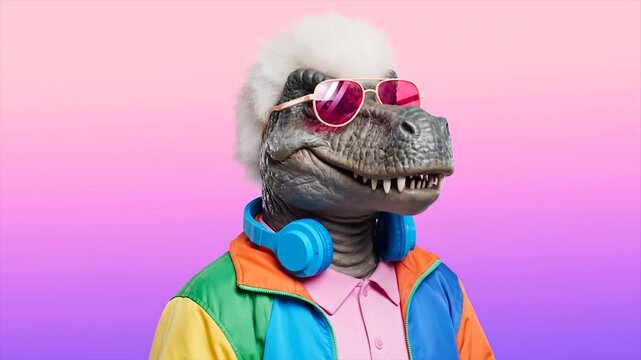 Cartoon dinosaur wearing sunglasses and colorful scarf against pastel gradient background