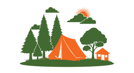 A vibrant illustration depicts a camping scene with a tent trees a small cabin and a bright rising sun in the background