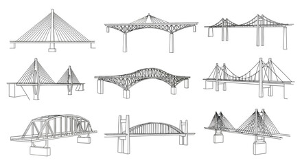 A collection of architectural sketches showcases various bridge designs including suspension beam and arch structures in linear detail © Pvect02